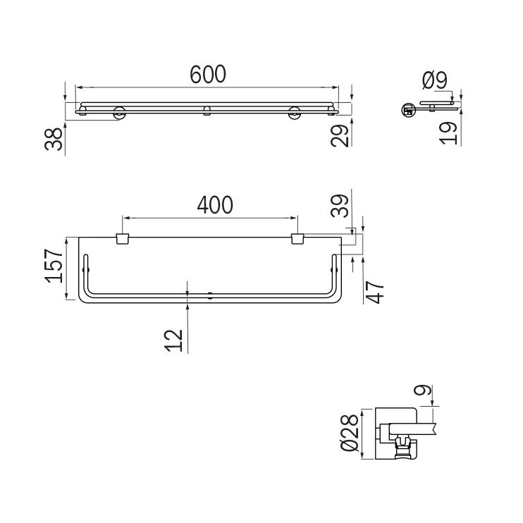 Immagine di Inda HOTELLERIE mensola L.60 cm con ringhierina in cristallo temperato 6 mm, con supporti, finitura cromo AV408CCR01