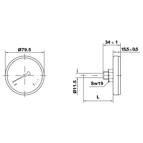 Immagine di Watts Termometro bimetallico DN 80, ad attacco posteriore, stelo 50 mm e scala -30+50 °C PT4A987003