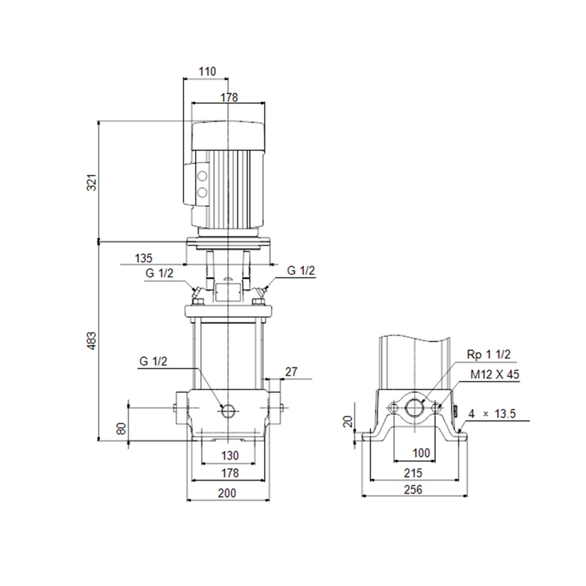 Immagine di Grundfos CR 10-6 A-A-A-E-HQQE Pompa centrifuga verticale multistadio con porte di aspirazione e scarico sullo stesso livello, 6 giranti 96500984