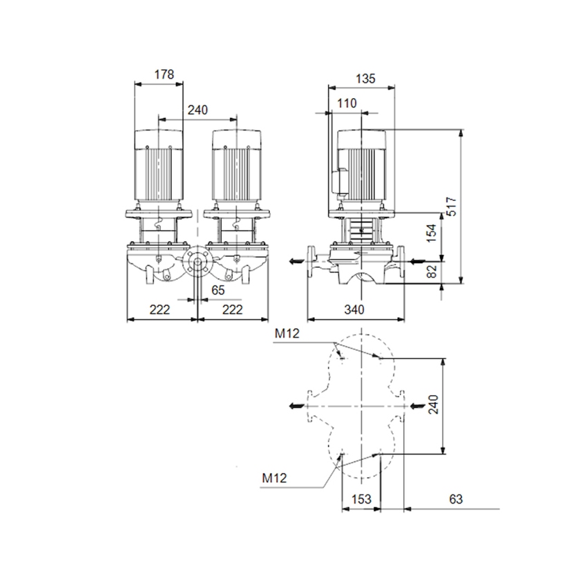 Immagine di Grundfos TPD 65-180/2 A-F-A-BQQE-HW1 Pompa gemellare a coclea, monostadio, trifase, a presa diretta, con bocche di aspirazione e di scarico in linea di diametro identico 98958006