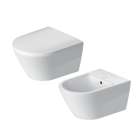 Immagine di Duravit D-NEO set completo sanitari sospesi, vaso senza brida con sedile a chiusura ammortizzata e bidet monoforo, colore bianco finitura lucido 2577090000+0021690000+2294150000