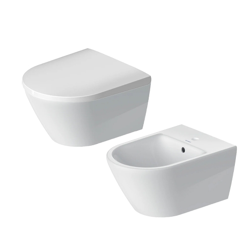 Immagine di Duravit D-NEO set completo sanitari sospesi, vaso senza brida con sedile a chiusura ammortizzata e bidet monoforo, colore bianco finitura lucido 2577090000+0021690000+2294150000