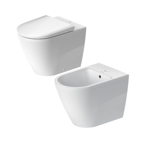 Immagine di Duravit D-NEO set completo sanitari a pavimento, vaso senza brida con sedile a chiusura ammortizzata e bidet monoforo, colore bianco finitura lucido 2003090000+0021690000+2295100000