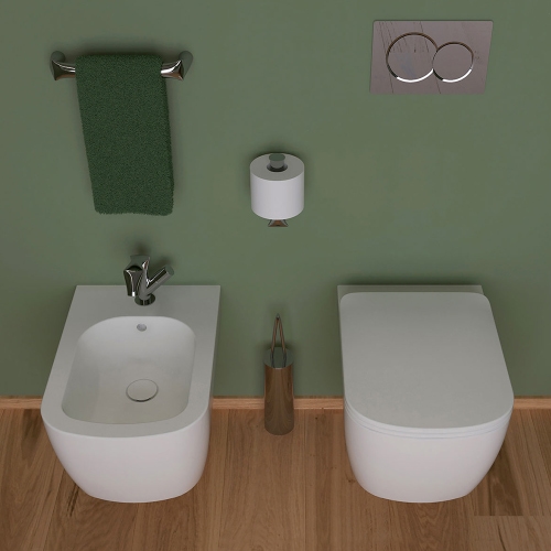 Immagine di Flaminia PLAY set sanitari sospesi, vaso con sistema gosilent® e coprivaso slim con discesa rallentata, bidet monoforo con troppopieno, colore bianco latte finitura opaco PY118SLAT+PYCW05LAT+PY218LAT