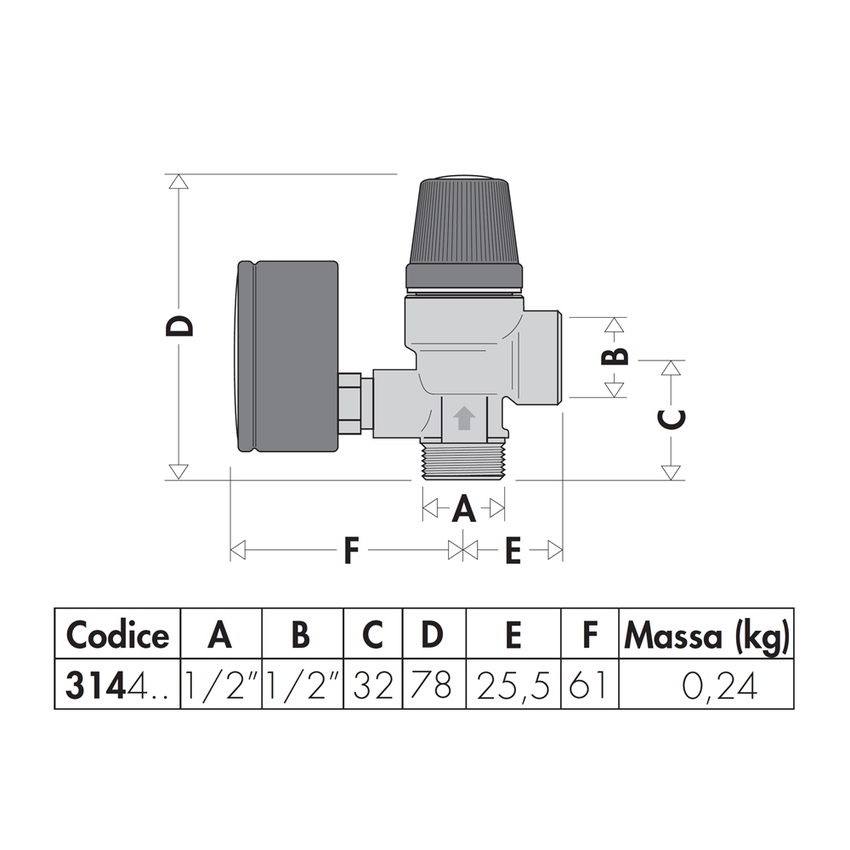 Immagine di Caleffi Valvola di sicurezza ordinaria, attacchi maschio-femmina, 1/2” 6 con attacco manometro, 6 bar 314462