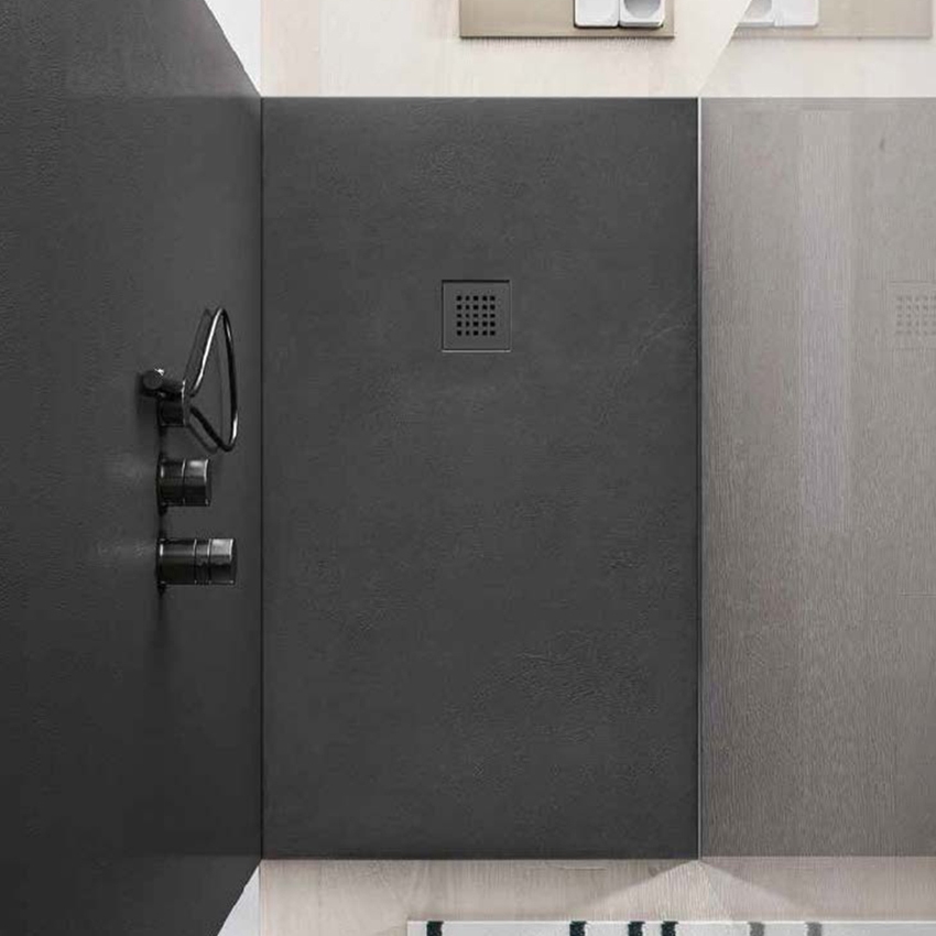 Immagine di RCR BASIC PIETRA piatto doccia antiscivolo rettangolare L.80 P.140 cm, completo di griglia copripiletta in acciaio inossidabile, colore antracite finitura pietra S14660