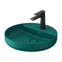 Immagine di Duravit VITRIUM bacinella rotonda 46 cm da appoggio soprapiano, con rettifica, con bordo per rubinetteria e senza troppopieno, interno colore verde blu finitura opaco, esterno colore verde blu finitura opaco 266246HA79