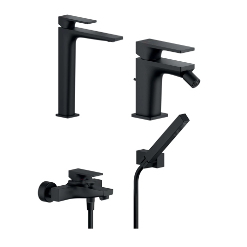 Immagine di Nobili SEVEN set rubinetteria con miscelatore per bacinella senza scarico, miscelatore bidet con scarico e a risparmio energetico, miscelatore monocomando vasca con set doccia, colore mora finitura opaco SEE124128/2BM+SEE124119/1BM+SE124110BM