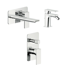 Immagine di Nobili SEVEN set rubinetteria con miscelatore lavabo a parete senza scarico e corpo incasso, miscelatore bidet con scarico, miscelatore monocomando doccia ad incasso senza corpo incasso, finitura cromo SE124198CR+SE124119/1CR+SE124100/ECR