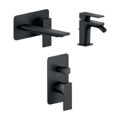 Immagine di Nobili SEVEN set rubinetteria con miscelatore lavabo a parete senza scarico e corpo incasso, miscelatore bidet con scarico, miscelatore monocomando doccia ad incasso senza corpo incasso, colore mora finitura opaco SE124198BM+SE124119/1BM+SE124100/EBM