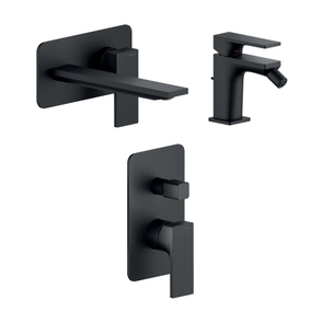 Immagine di Nobili SEVEN set rubinetteria con miscelatore lavabo a parete senza scarico e corpo incasso, miscelatore bidet con scarico, miscelatore monocomando doccia ad incasso senza corpo incasso, colore mora finitura opaco SE124198BM+SE124119/1BM+SE124100/EBM