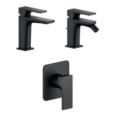 Immagine di Nobili SEVEN set rubinetteria con miscelatore lavabo monocomando senza scarico, miscelatore bidet monocomando con scarico, miscelatore monocomando doccia ad incasso, colore mora finitura opaco SEE124118/2BM+SE124119/1BM+SE124108BM