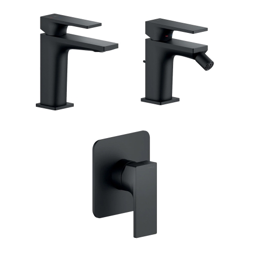 Immagine di Nobili SEVEN set rubinetteria con miscelatore lavabo monocomando senza scarico, miscelatore bidet monocomando con scarico, miscelatore monocomando doccia ad incasso, colore mora finitura opaco SEE124118/2BM+SE124119/1BM+SE124108BM