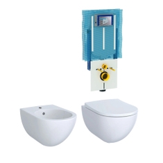 Immagine di Geberit ACANTO set completo sanitari sospesi, vaso con sedile a chiusura ammortizzata e bidet monoforo, colore bianco finitura lucido, modulo installazione COMBIFIX per parete in muratura 111.907.00.5-ACANTOC