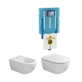 Immagine di Flaminia APP set completo sanitari sospesi, vaso con sedile a chiusura ammortizzata e bidet monoforo, colore bianco finitura lucido, modulo installazione COMBIFIX per parete in muratura 111.907.00.5C-APP