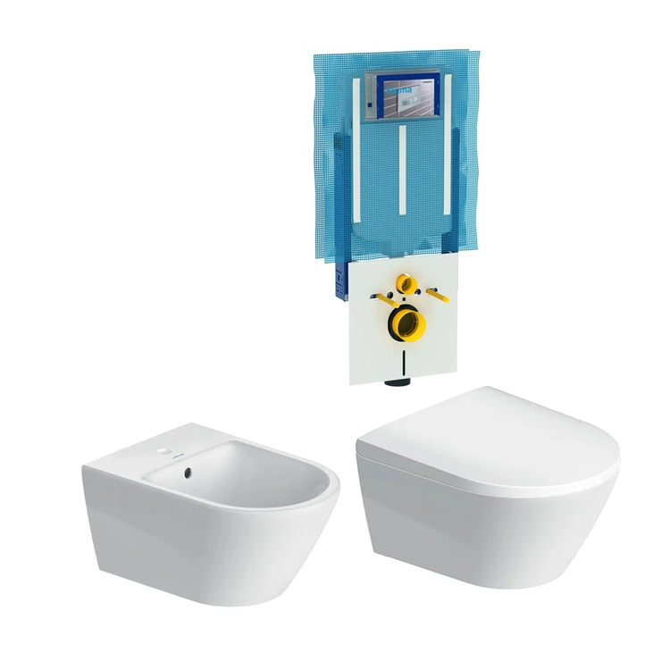 Duravit D-NEO set completo sanitari sospesi, vaso con sedile a chiusura  ammortizzata e bidet monoforo, colore bianco finitura lucido, modulo  installazione COMBIFIX per parete in muratura 111.016.00.1C-D-NEO