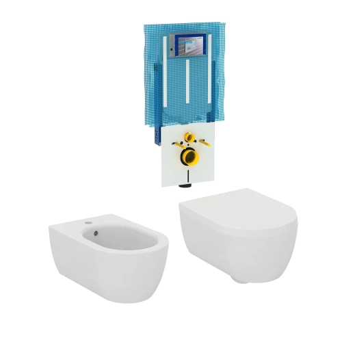 Immagine di Ideal Standard BLEND CURVE set completo sanitari sospesi, vaso con sedile a chiusura ammortizzata e bidet monoforo, colore bianco finitura opaco, modulo installazione COMBIFIX per parete in muratura 111.907.00.5C-BLEND CURVE