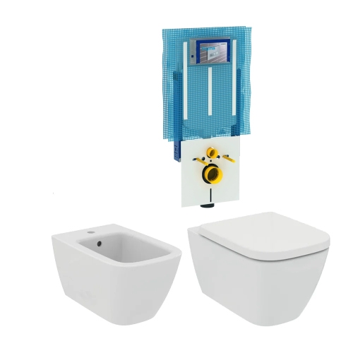 Immagine di Ideal Standard I.LIFE B set completo sanitari sospesi, vaso con sedile a chiusura ammortizzata e bidet monoforo, colore bianco finitura lucido, modulo installazione COMBIFIX per parete in muratura 111.016.00.1C-I.LIFE B