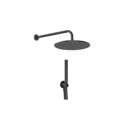 Immagine di Ideal Standard IDEALRAIN kit doccia light tondo con braccio a parete, soffione rotondo Ø 30 cm, doccetta stick, raccordo erogatore con supporto fisso e flessibile 175 cm, finitura magnetic grey BD825A5