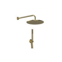 Immagine di Ideal Standard IDEALRAIN kit doccia light tondo con braccio a parete, soffione rotondo Ø 30 cm, doccetta stick, raccordo erogatore con supporto fisso e flessibile 175 cm, finitura brushed gold BD825A2
