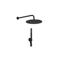 Immagine di Ideal Standard IDEALRAIN kit doccia light tondo con braccio a parete, soffione rotondo Ø 30 cm, doccetta stick, raccordo erogatore con supporto fisso e flessibile 175 cm, colore nero seta finitura opaco BD825XG