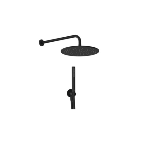 Immagine di Ideal Standard IDEALRAIN kit doccia light tondo con braccio a parete, soffione rotondo Ø 30 cm, doccetta stick, raccordo erogatore con supporto fisso e flessibile 175 cm, colore nero seta finitura opaco BD825XG