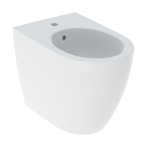 Immagine di Geberit ICON set sanitari a pavimento, vaso RIMFREE, con sedile a chiusura ammortizzata, bidet monoforo con troppopieno, colore bianco finitura lucido 502.383.00.1+502.384.00.1