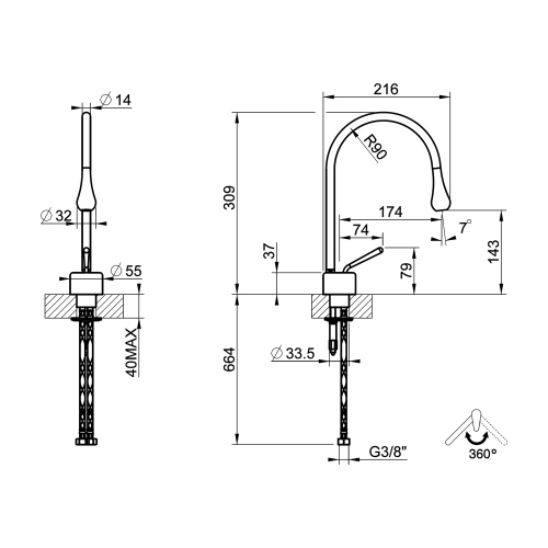 Immagine di Gessi GOCCIA miscelatore lavabo H.31 P.22 cm, senza scarico, con bocca girevole, finitura cromo 33601#031