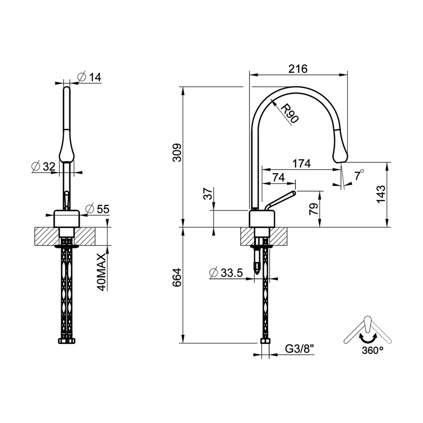 Immagine di Gessi GOCCIA miscelatore lavabo H.31 P.22 cm, senza scarico, con bocca girevole, finitura cromo 33601#031