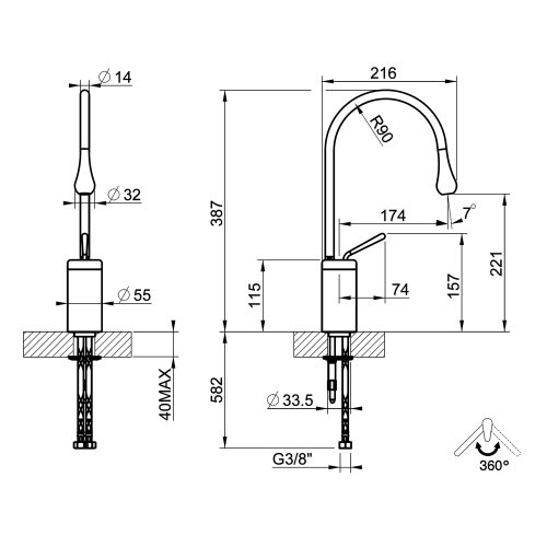 Immagine di Gessi GOCCIA miscelatore lavabo H.39 P.22 cm, senza scarico, con bocca girevole, finitura cromo 33604#031