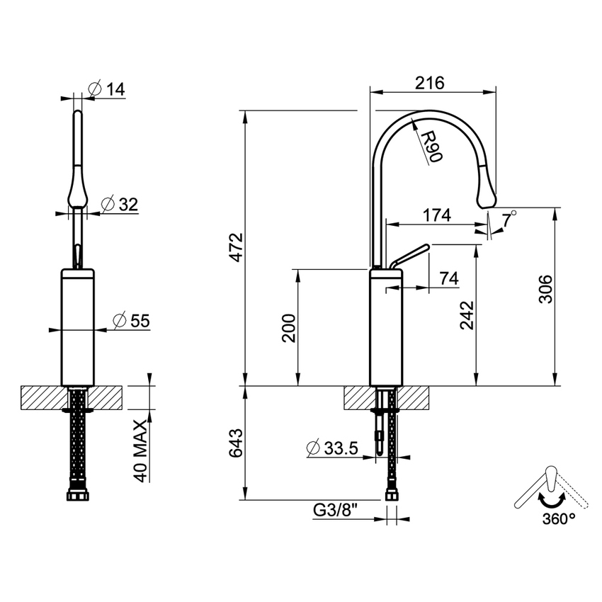 Immagine di Gessi GOCCIA miscelatore lavabo H.47 P.22 cm, senza scarico, con bocca girevole, finitura copper GHRC 33608#123