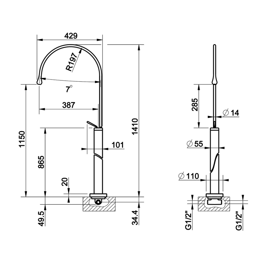 Immagine di Gessi GOCCIA miscelatore lavabo a pavimento H.141 P.43 cm, senza scarico, con bocca girevole, senza corpo incasso, finitura cromo 33626#031