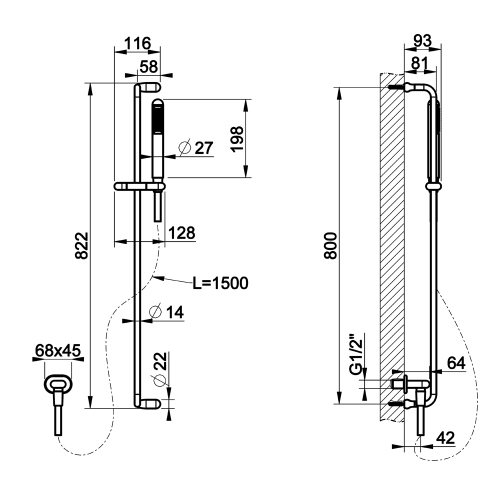 Immagine di Gessi GOCCIA asta salisce4ndi per doccia, con presa acqua, doccetta anticalcare e flessibile 150 cm, finitura cromo 33642#031