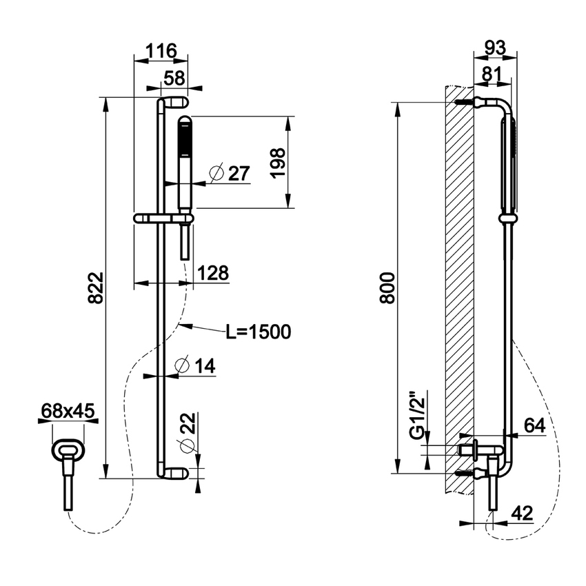 Immagine di Gessi GOCCIA asta salisce4ndi per doccia, con presa acqua, doccetta anticalcare e flessibile 150 cm, finitura cromo 33642#031