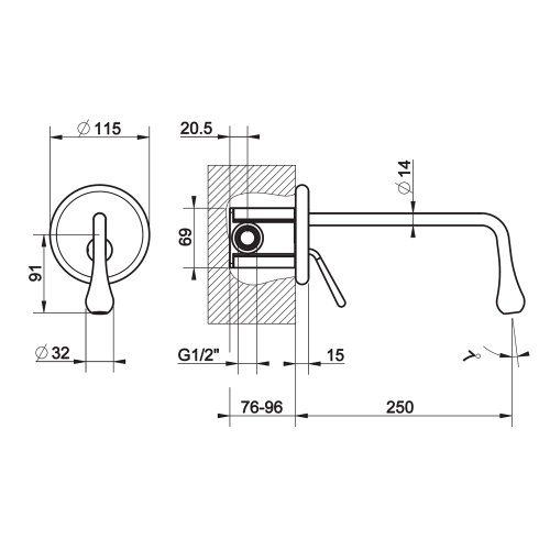 Immagine di Gessi GOCCIA miscelatore a parete P.25 cm, senza scarico, senza corpo incasso, finitura cromo 33686#031
