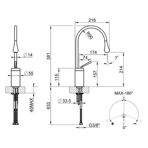 Immagine di Gessi GOCCIA miscelatore lavabo H.38 P.22 cm, senza scarico, bocca fissa, finiura cromo 33805#031