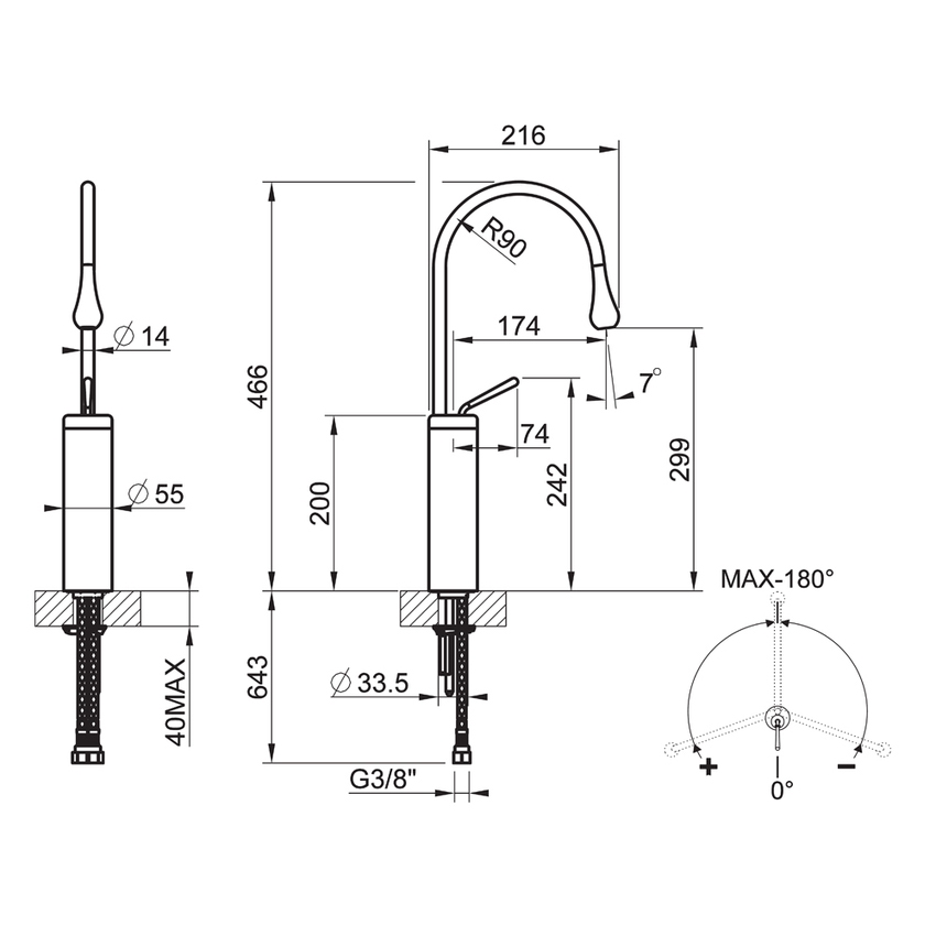 Immagine di Gessi GOCCIA miscelatore lavabo alto H.47 P.22 cm, senza scarico, bocca fissa, finiura cromo 33809#031