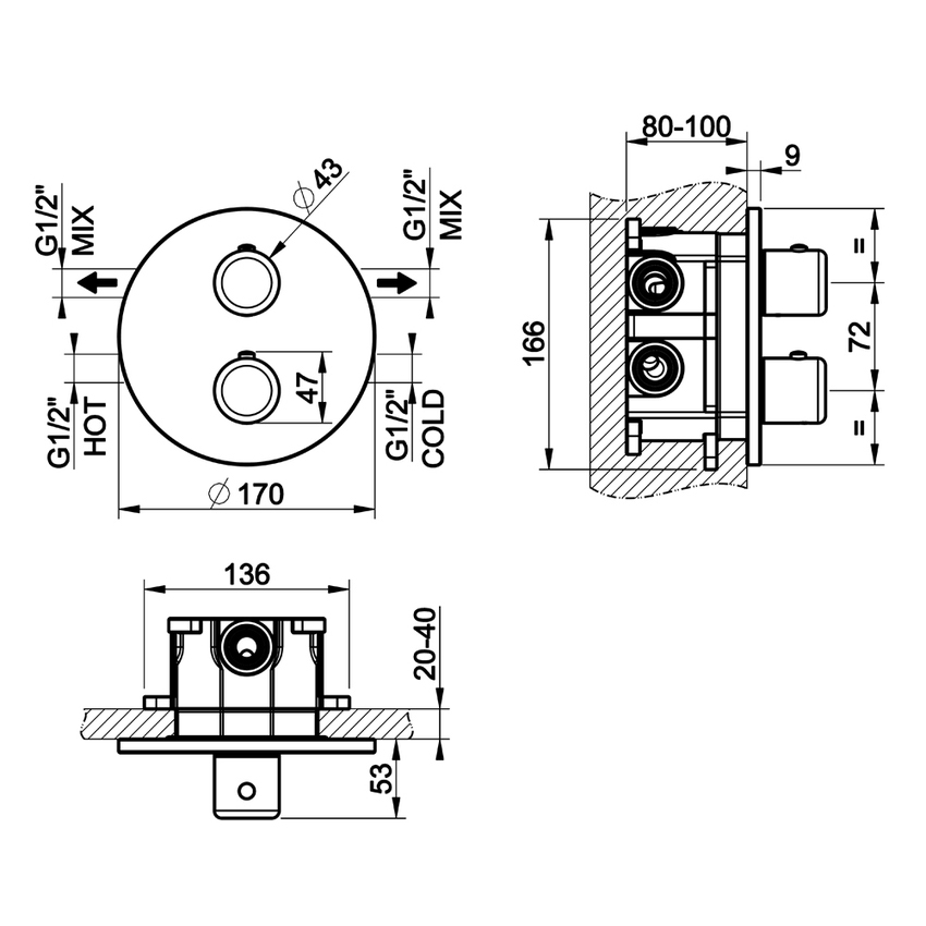 Immagine di Gessi GOCCIA miscelatore termostatico per doccia, a parete, 2 vie, senza corpo incasso, finitura cromo 33844#031