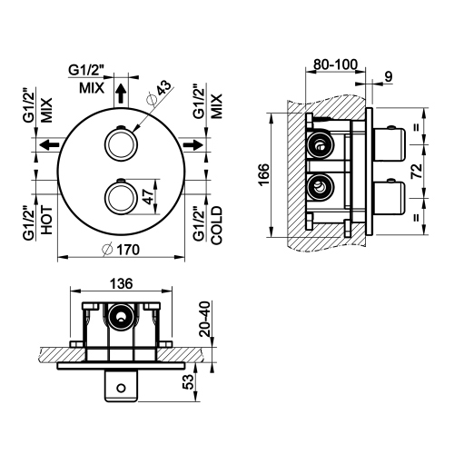 Immagine di Gessi GOCCIA miscelatore termostatico per doccia, a parete, 3 vie, senza corpo incasso, finitura cromo 33846#031