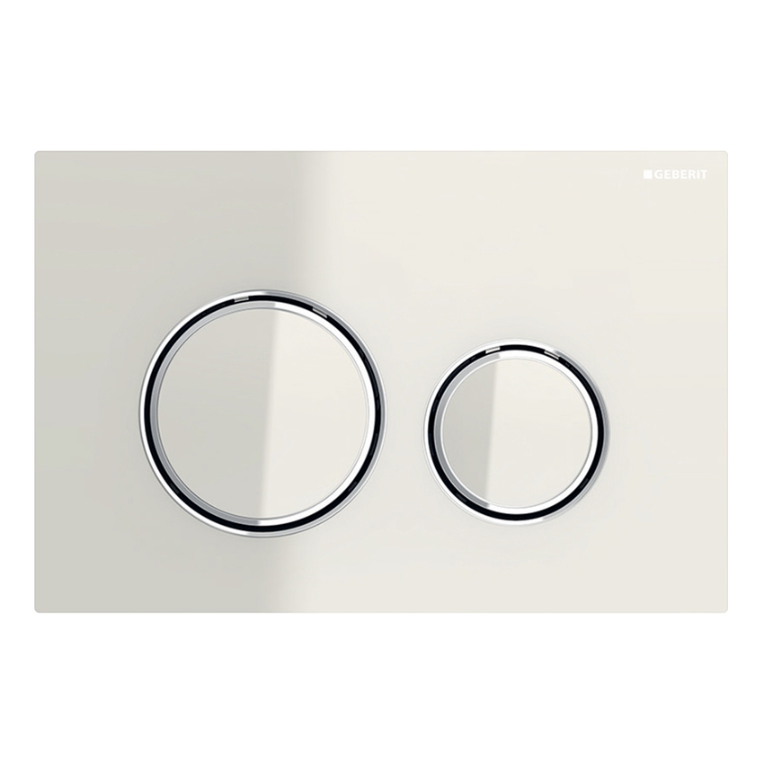 Immagine di Geberit SIGMA21 placca di comando per risciacquo a due quantità, piastra base e anelli di design finitura cromo, placca di copertura e tasti colore grigio sabbia 115.884.JL.1