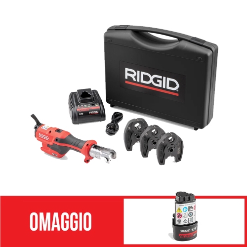 Immagine di Ridgid RP 115 Pressatrice 15 kN a batteria con caricabatterie da 12 V, batteria al litio Advanced 12 V 2.5 Ah, cassetta di trasporto e ganasce M15-18-22 + omaggio batteria Li-Ion 12 V 2.5 Ah Advanced 76948+55183