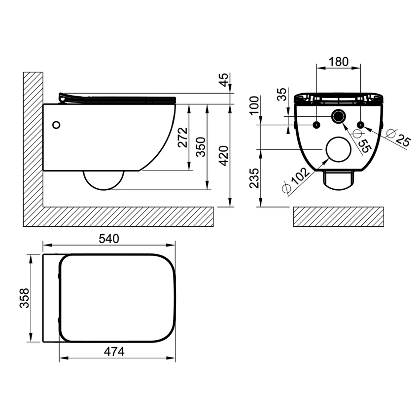 Immagine di Gessi TOTAL LOOK vaso sospeso L.36 P.54 cm, con sedile a chiusura rallentata e sifone integrato, coprifori laterali inclusi, colore bianco finitura lucido 39118#518