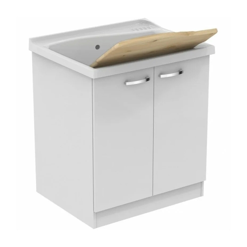 Immagine di Ideal Standard LAGO lavatoio con mobile L.75 P.61 cm colore bianco con asse in legno e set sifone T473201+J0027PW+152.885.11.1