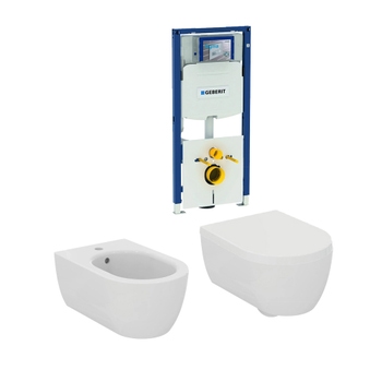 Immagine di Ideal Standard BLEND CURVE set completo sanitari sospesi, vaso con sedile a chiusura ammortizzata e bidet monoforo, colore bianco finitura opaco, modulo installazione DUOFIX per parete in cartongesso 111.907.00.5D-BLEND CURVE