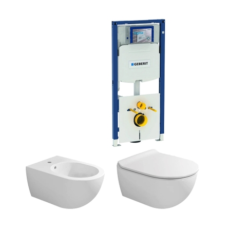 Immagine di Flaminia APP set completo sanitari sospesi, vaso con sedile a chiusura ammortizzata e bidet monoforo, colore bianco finitura lucido, modulo installazione DUOFIX per parete in cartongesso 111.907.00.5D-APP