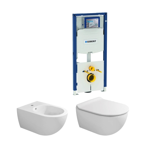 Immagine di Flaminia APP set completo sanitari sospesi, vaso con sedile a chiusura ammortizzata e bidet monoforo, colore bianco finitura lucido, modulo installazione DUOFIX per parete in cartongesso 111.907.00.5D-APP
