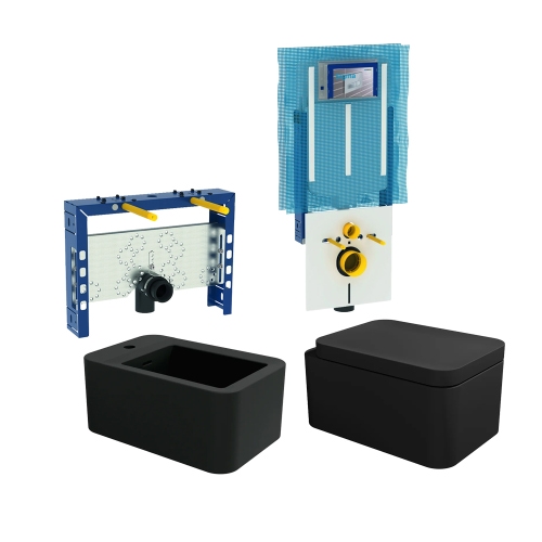 Immagine di Flaminia NILE set completo sanitari sospesi, vaso con sedile a chiusura ammortizzata e bidet monoforo, colore nero finitura opaco, moduli installazione COMBIFIX per parete in muratura 110.790.00.1-NILEN