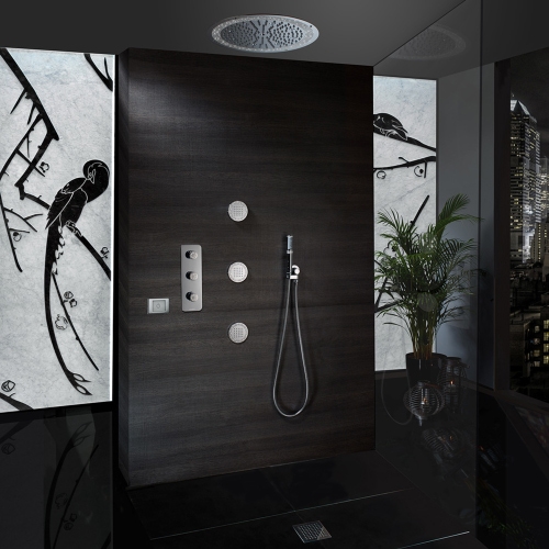 Immagine di Bossini DREAM soffione rotondo Ø 47 cm a controsoffitto, con luci LED RGB e tastiera di controllo per cromoterapia, finitura cromo H37457000030016