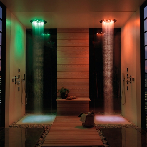 Immagine di Bossini DREAM soffione rotondo Ø 47 cm a controsoffitto, con luci LED RGB e tastiera di controllo per cromoterapia, finitura cromo H37457000030016