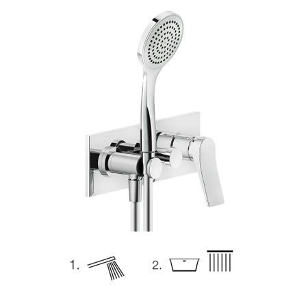Immagine di Gessi RILIEVO miscelatore doccia a parete, 2 vie, con deviatore, presa acqua, supporto, flessibile 150 cm e doccetta anticalcare, senza corpo incasso, finitura cromo 59140#031